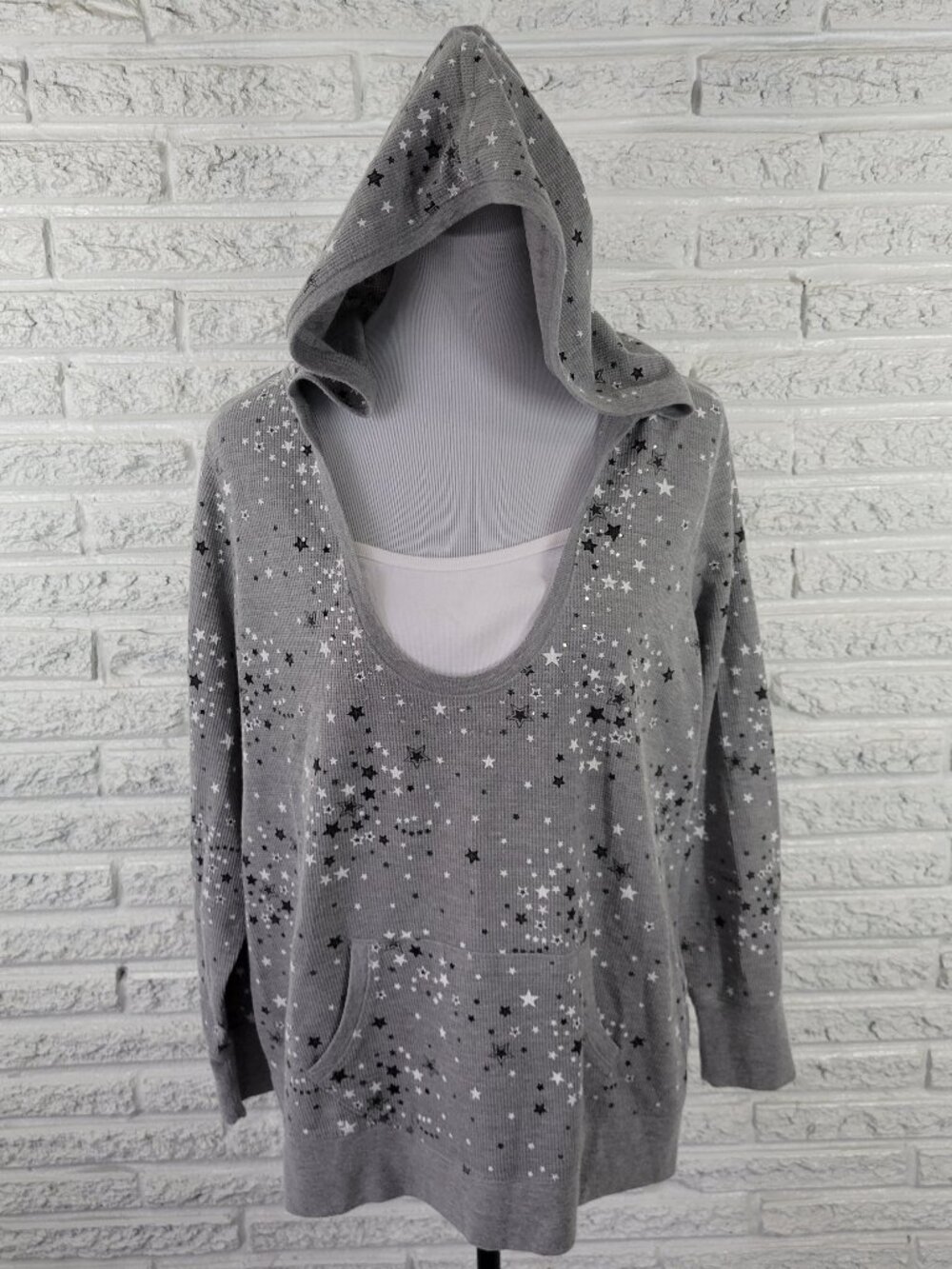 LA Blues 18W Gray Waffle Knit Hoodie Womens Plus Stars Rhinestone A19E